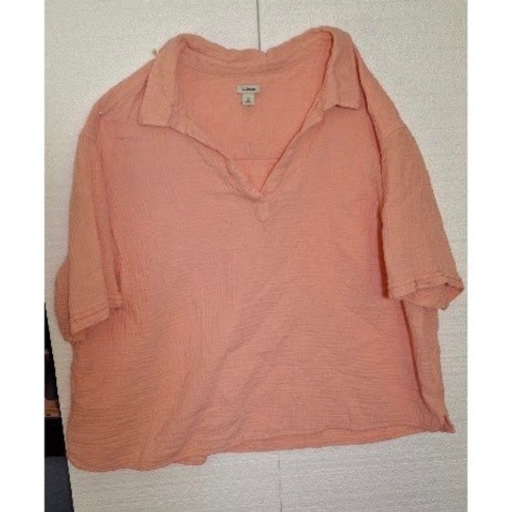 LL Bean Women 3X Plus Peach Pink Cotton Double Gauze V-Neck Short Sleeve Top